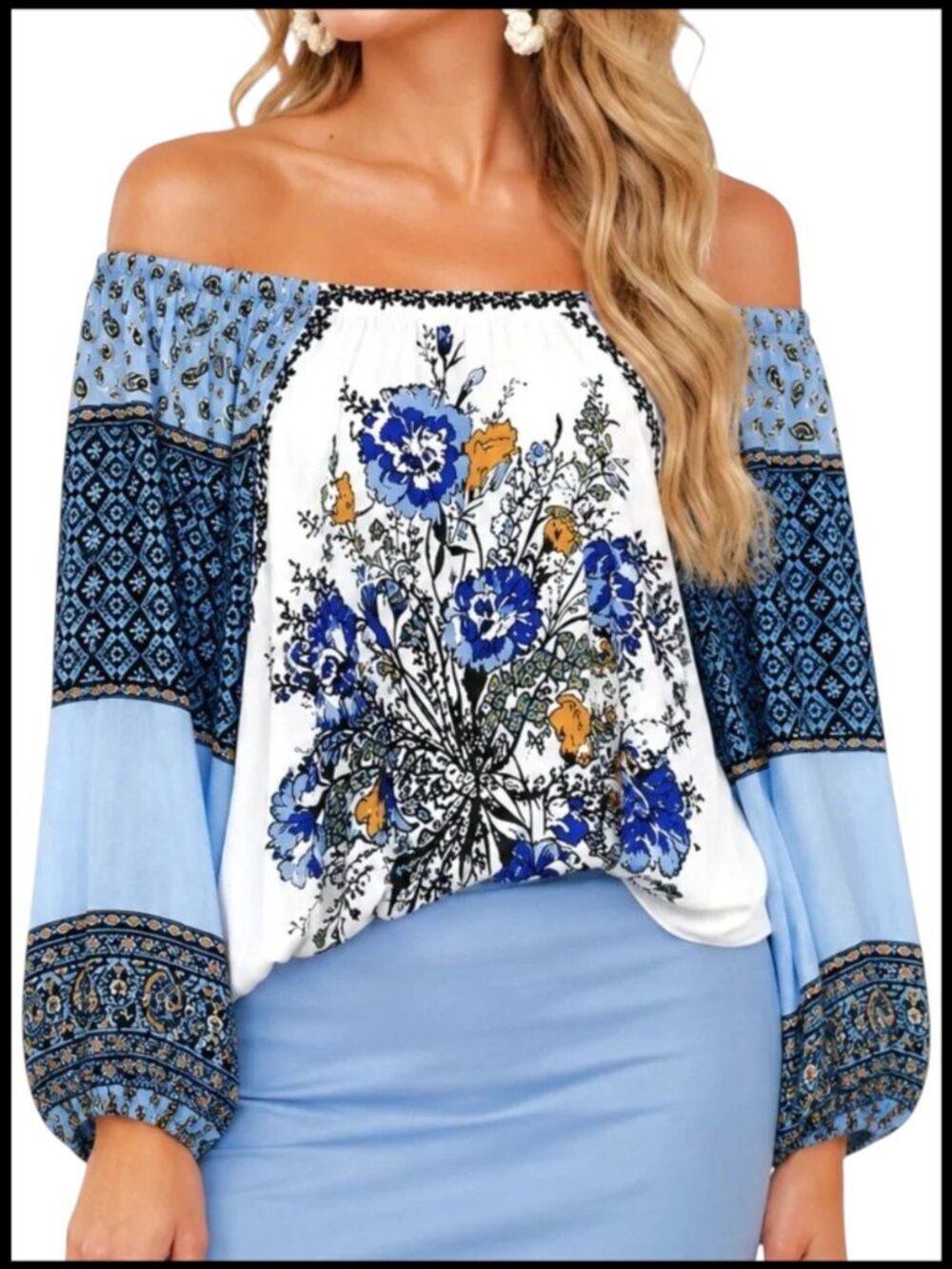 Free People Positano Blouse Blue Ivory Off Shoulder Balloon Sleeve XS